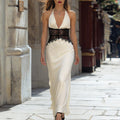 Comstylish Elegant Lace Patchwork Satin V-neck Maxi Dress