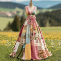 Women's  Floral Art Patchwork V Neck Comfy Maxi Dress elevenforest