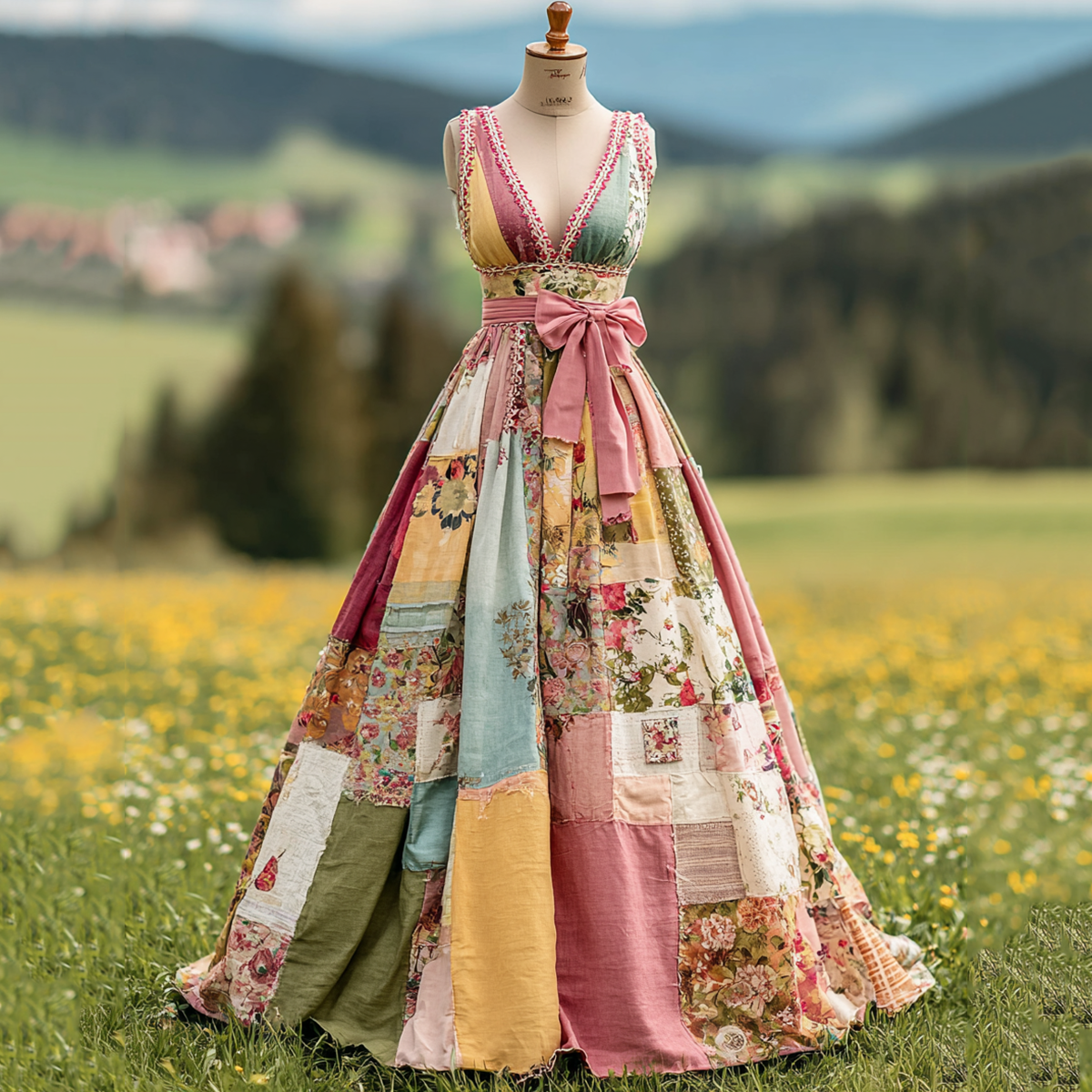 Women's  Floral Art Patchwork V Neck Comfy Maxi Dress elevenforest