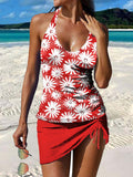Red Daisy Art Print Pleated Drawstring V-neck Tankini Pantskirt Set Swimsuit