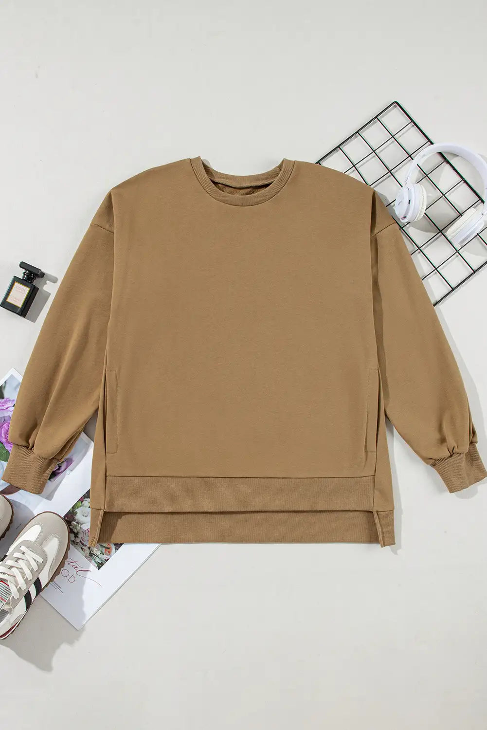 Stylish Brown High Low Hem Sweatshirt