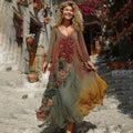 The Sunset Collection Vintage Rose And Floral Gradient Art Linen V Neck Maxi Dress elevenforest