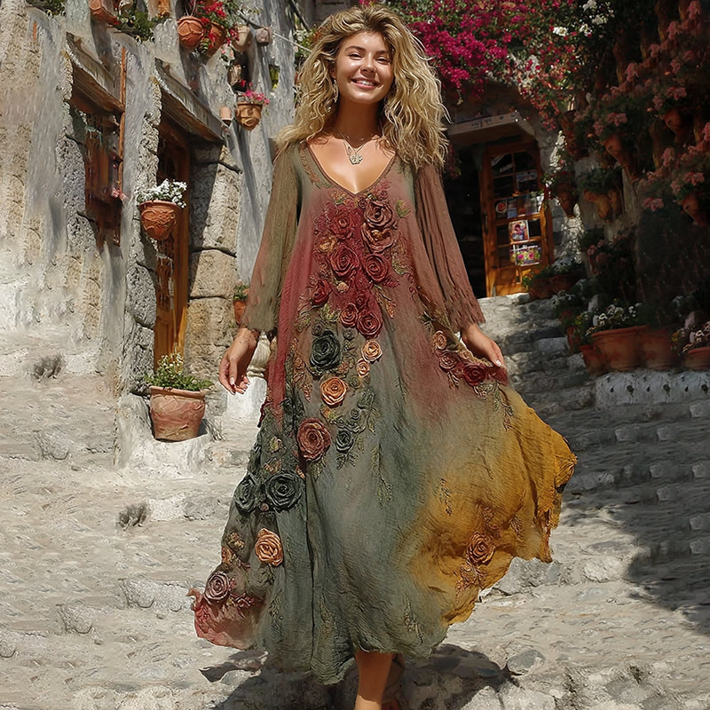 The Sunset Collection Vintage Rose And Floral Gradient Art Linen V Neck Maxi Dress elevenforest