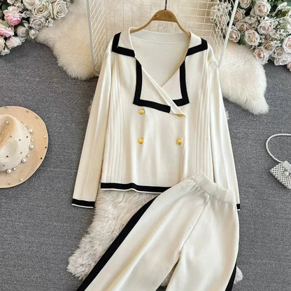 Spring and Autumn Chanel Style Suit Long Sleeved Contrast V Neck Knitted Cardigan High Waist Straight Wide Leg Pants Knitted Suit