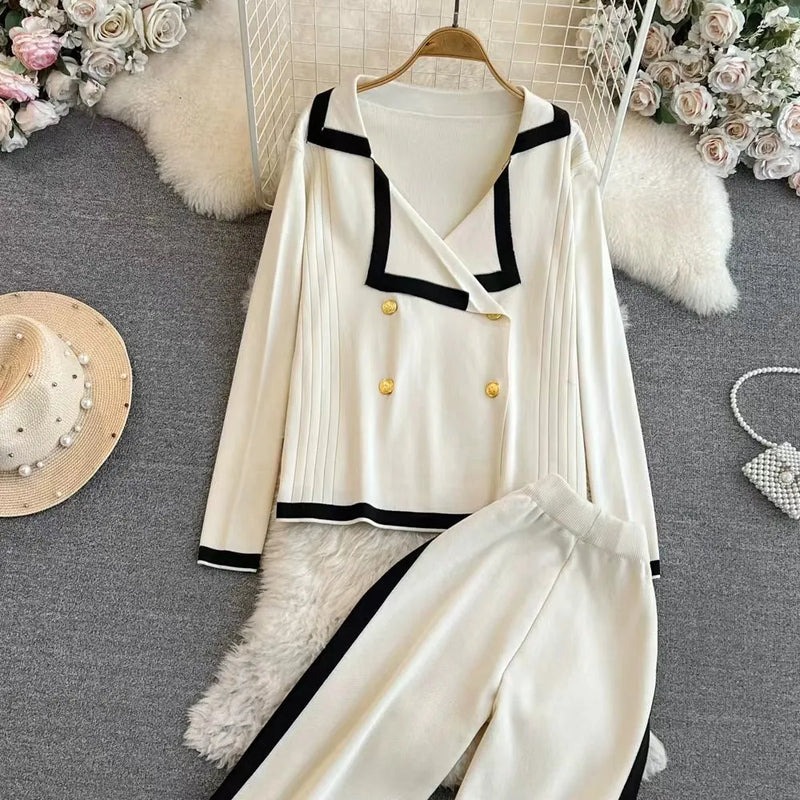 Spring and Autumn Chanel Style Suit Long Sleeved Contrast V Neck Knitted Cardigan High Waist Straight Wide Leg Pants Knitted Suit