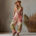Love & Health Collection Retro Western Women Style Vintage Rose And Floral Patchwork Art Cotton Linen Jumpsuit elevenforest