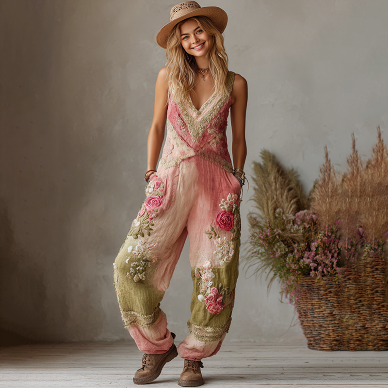Love & Health Collection Retro Western Women Style Vintage Rose And Floral Patchwork Art Cotton Linen Jumpsuit elevenforest