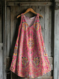 Women's Retro Ethnic Totem Pattern Print V-neck Pocket Cotton Dress
