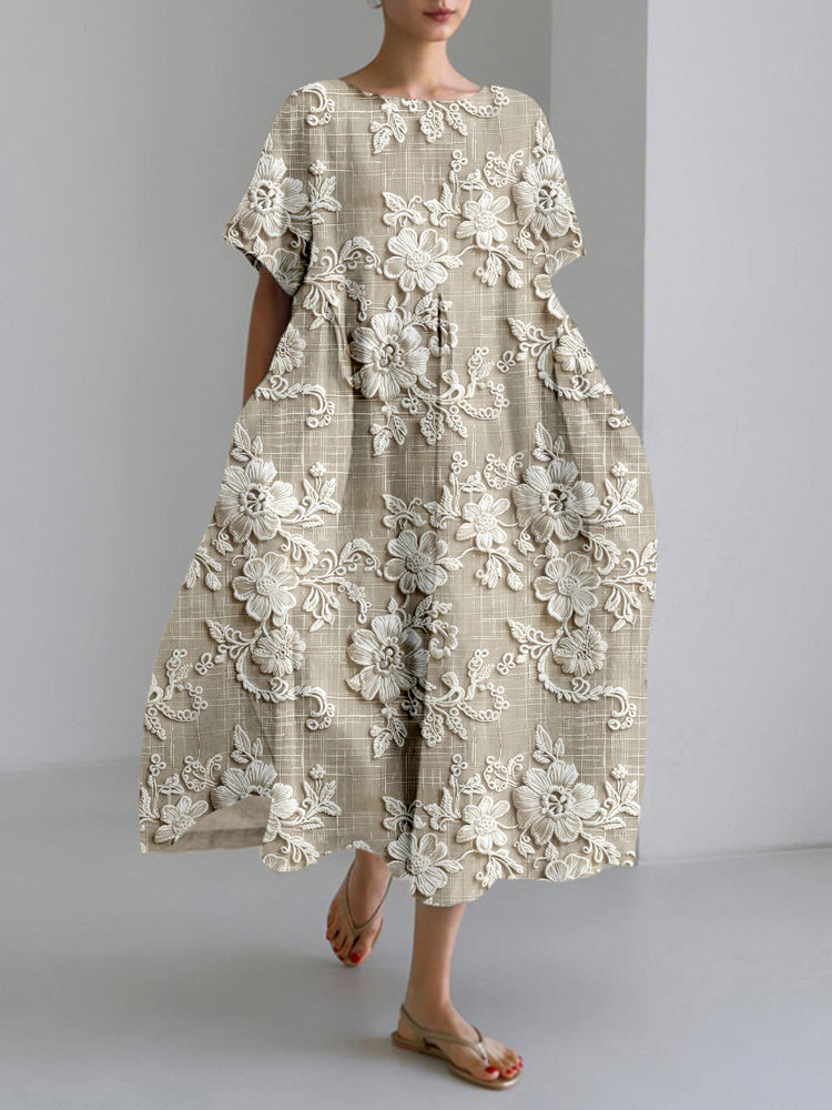 Comstylish Vintage Floral Lace Embroidered Linen Blend Maxi Dress