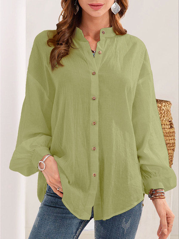 Long Sleeves Loose Buttoned Mock Neck Blouses&shirts Tops