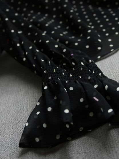 Flared Sleeves Long Sleeves Elasticity Mesh Polka-dot See-through Mock Neck Blouses&shirts Tops