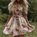 Women's Flowers Embroidery Art V-neck Short Sleeves Mini Dress elevenforest