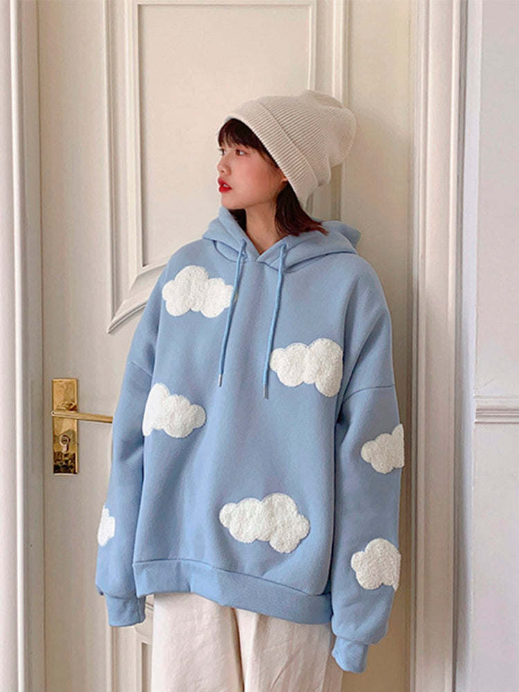 Korean Sweatshirt Winter Clouds ’s Sweaters Velvet Warm Sleeves Tops Temporary Hoodies Kawaii Femal