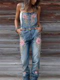 Boho Pink Roses Embroidered Washed Denim Overall Jumpsuit elevenforest