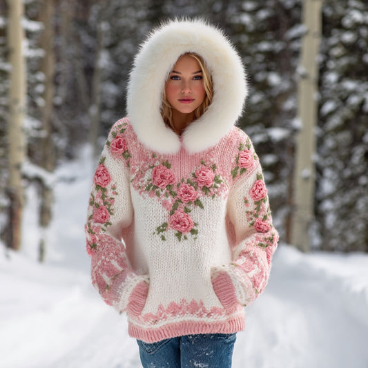 Women's  Bohemian Style Pink Rose Sequins Art Warm Hooded Knitted Sweater