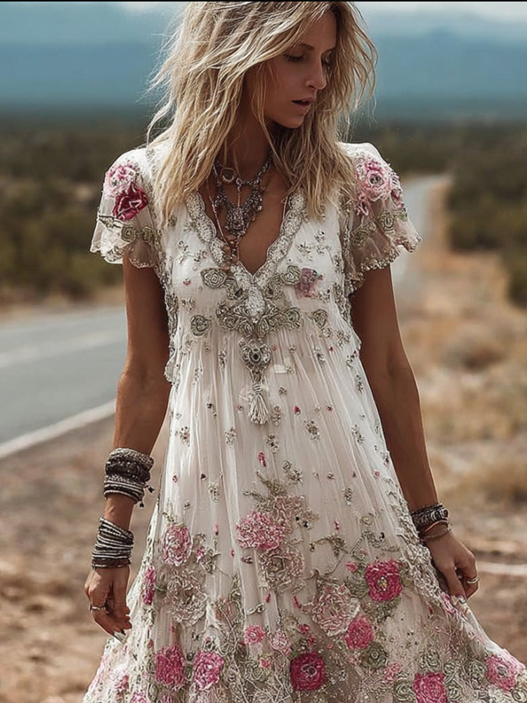 Women's Pink Rose-colored Mesh-like Vintage Short-sleeved Dress elevenforest