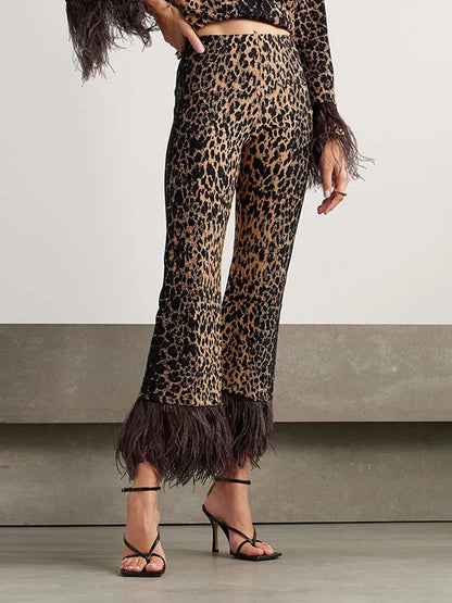 Long Sleeves Feathers Leopard Round-neck Pants Pants Set T-shirts Tops Two-piece Sets