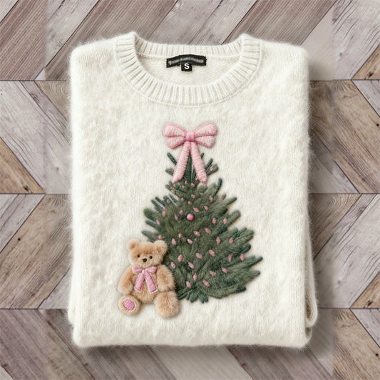 Fuzzy Bear & Christmas Tree With Pink Bow Knot Cozy Sweater artswardrobe