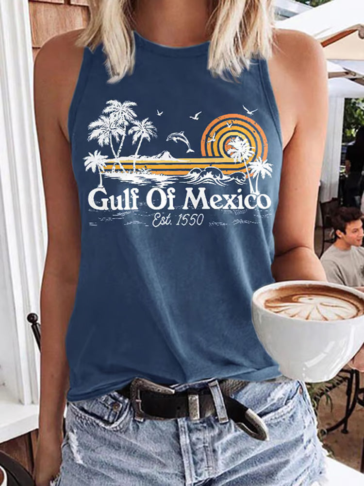 Comstylish Women's Gulf Of Mexico Print Round Neck Tank Top