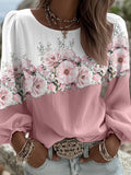 Women's Floral Print Round Neck Long Sleeve Linen Blend Shirt elevenforest