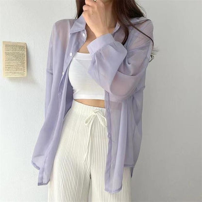 Perspective Shirts Sheer Thin Summer Simple Sun-proof Top Blouse Baggy All-match Basic Korean Clothing