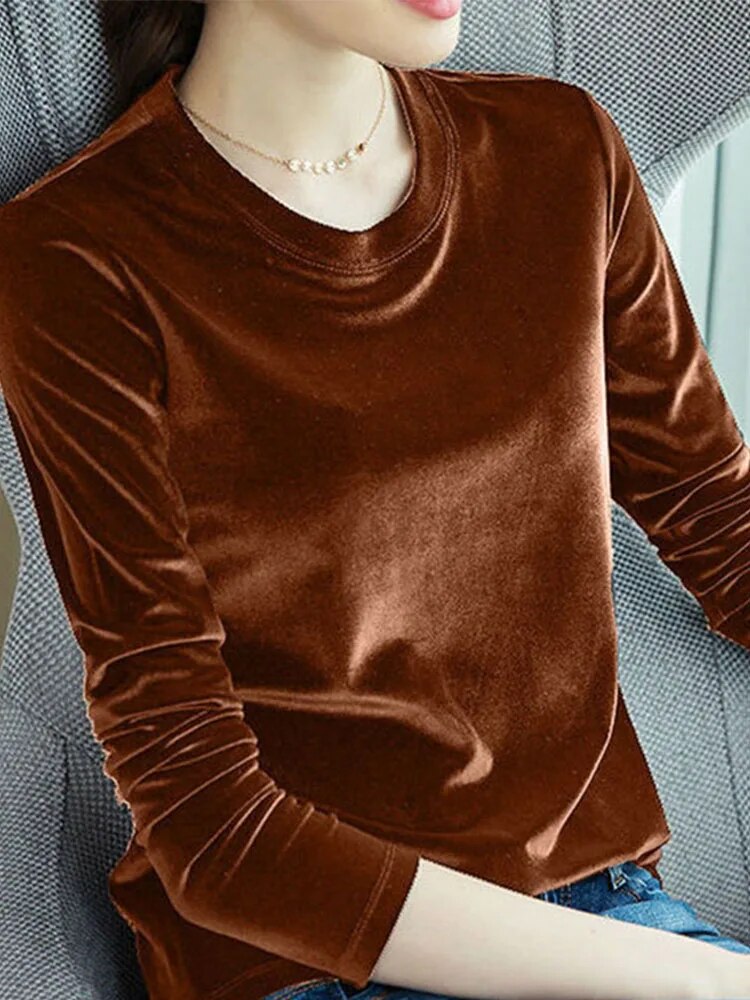 Spring Long Sleeve Loose Early Autumn T-shirt Gold Velvet Short Paragraph Bottoming Shirt New Top