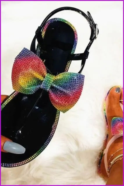 Bling Rainbow Crystal Bow Slippers Jelly Sandals Flat Slides De241