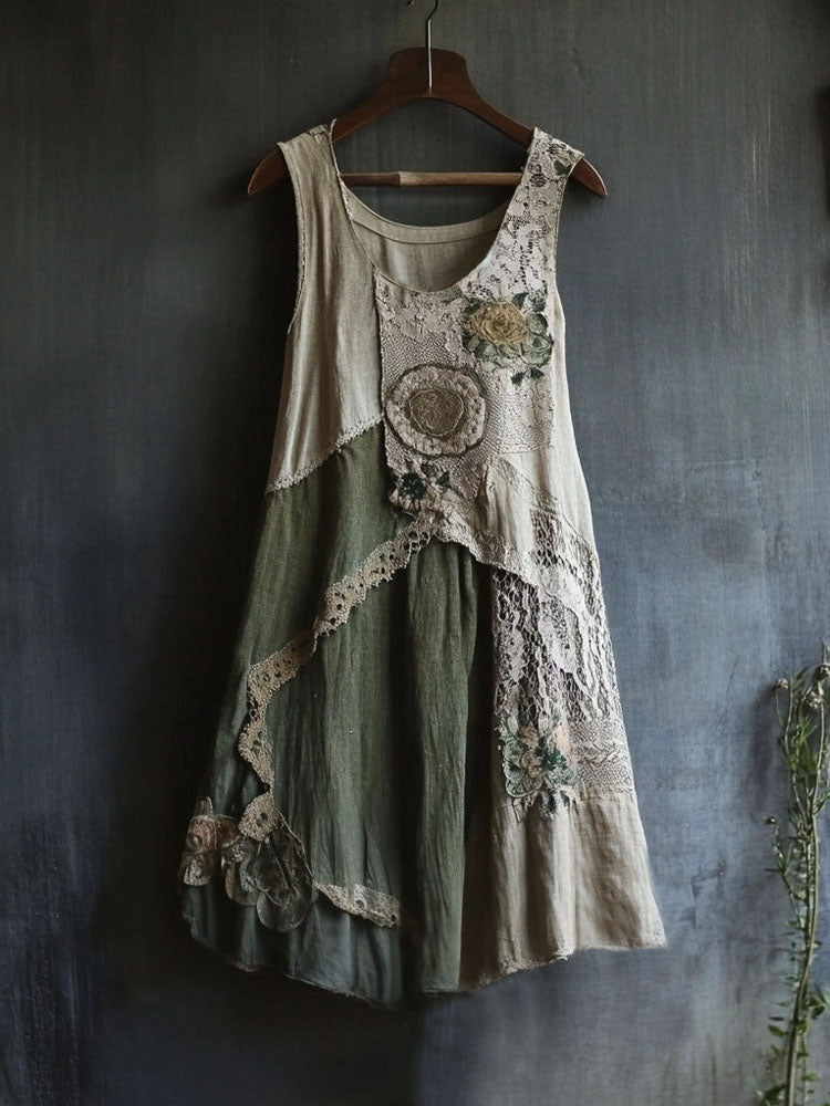 Retro Floral Lace Patchwork Comfy Linen Tank Dress elevenforest