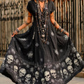 Day Of The Dead Skull Flower Print V-neck Retro Black Short Sleeve A-line Long Dress elevenforest