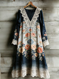Women's Floral Polka Dot Patchwork V-neck Long Sleeve Dress elevenforest