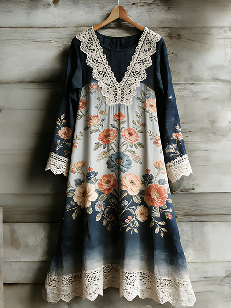 Women's Floral Polka Dot Patchwork V-neck Long Sleeve Dress elevenforest