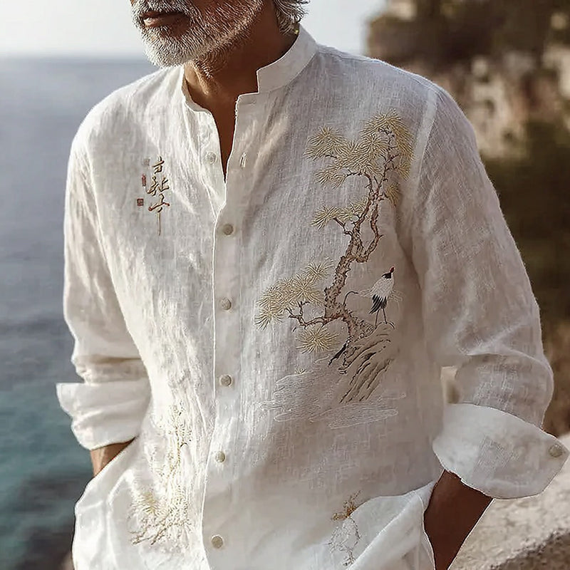 Men's Japanese Pine Tree And Crane Art Shirt elevenforest