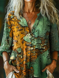 Women's Vintage Rust Textured Art Print Casual Cotton Shirt