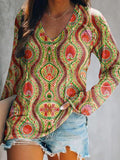 Women's Casual Vintage Ethnic Floral Art Print V Neck Long Sleeve Tops