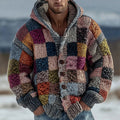 Men's Geometric Block Panel Contrast Knit Button Hooded Sweater elevenforest