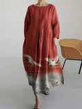 Women Japanese Art Crane Pattern Linen Blend Maxi Dress