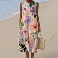 Comstylish Women's Vintage Watercolor Floral Art Print Sleeveless Cotton Dress