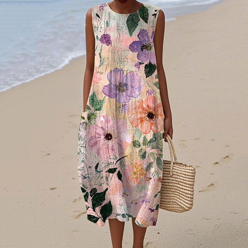 Women's Vintage Watercolor Floral Art Print Sleeveless Cotton Dress elevenforest