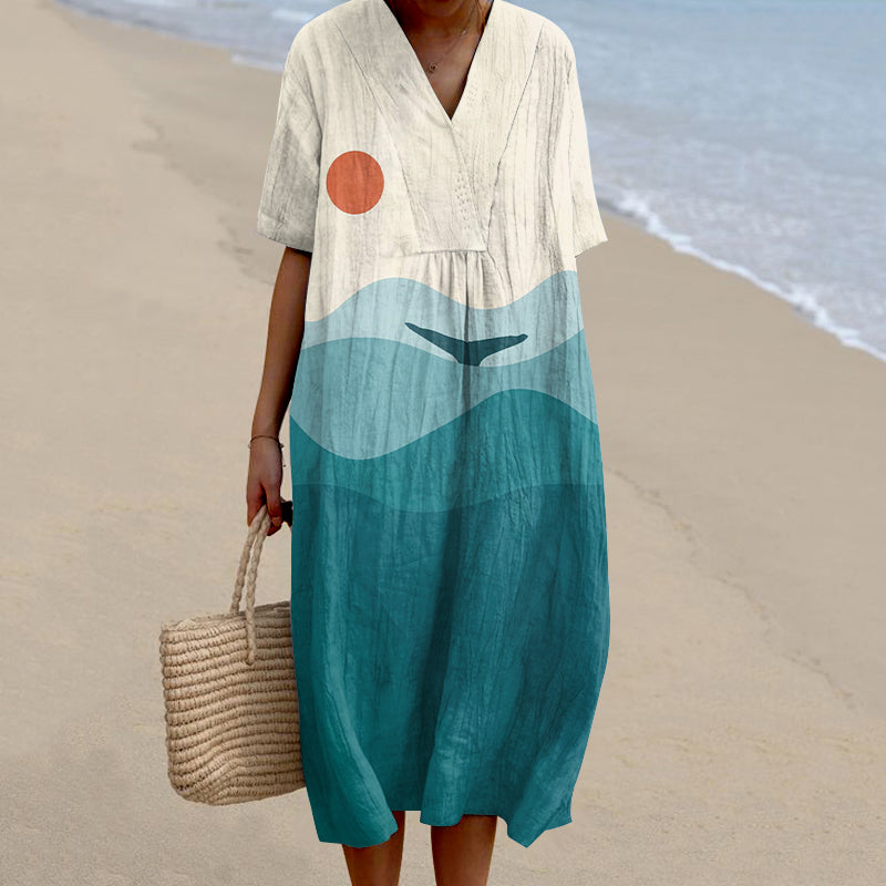 Comstylish Women's Sun & Ocean Art Linen V-neck Dress