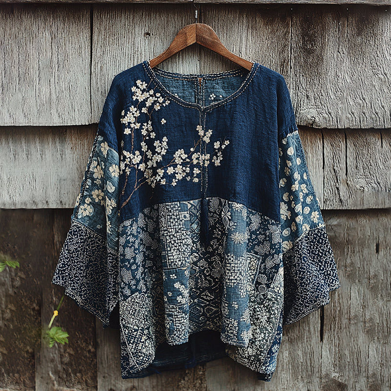 Vintage Japanese Traditional Sashiko Art Pattern Linen Blend Casual Tops elevenforest