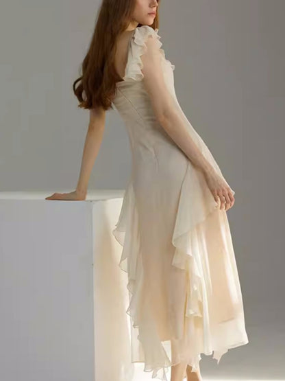 French Ruffles Midi Dress Summer New Sleeveless V-neck Holiday Beach Style A-line Party Prom Robe Vestido Mujer