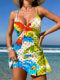 V-Neck Vintage Floral Art Print Suspender Skirt Tankini Pantskirt Set Swimsuit