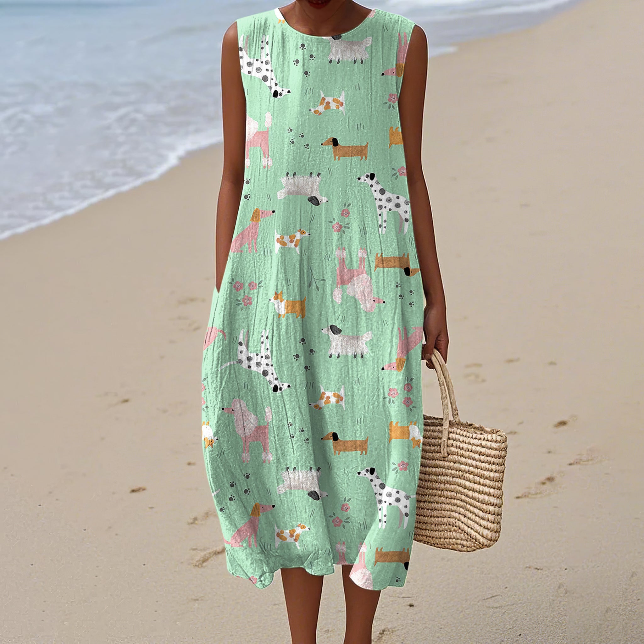 Comstylish Women's Cute Dog Print Linen Blend Tank Midi Dress