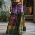 Women's Boho Lavender And Lace Patchwork Embroidered Art Linen Blend Skirt elevenforest