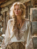 Bohemian Style Women's V-neck Long-sleeve T-shirt elevenforest