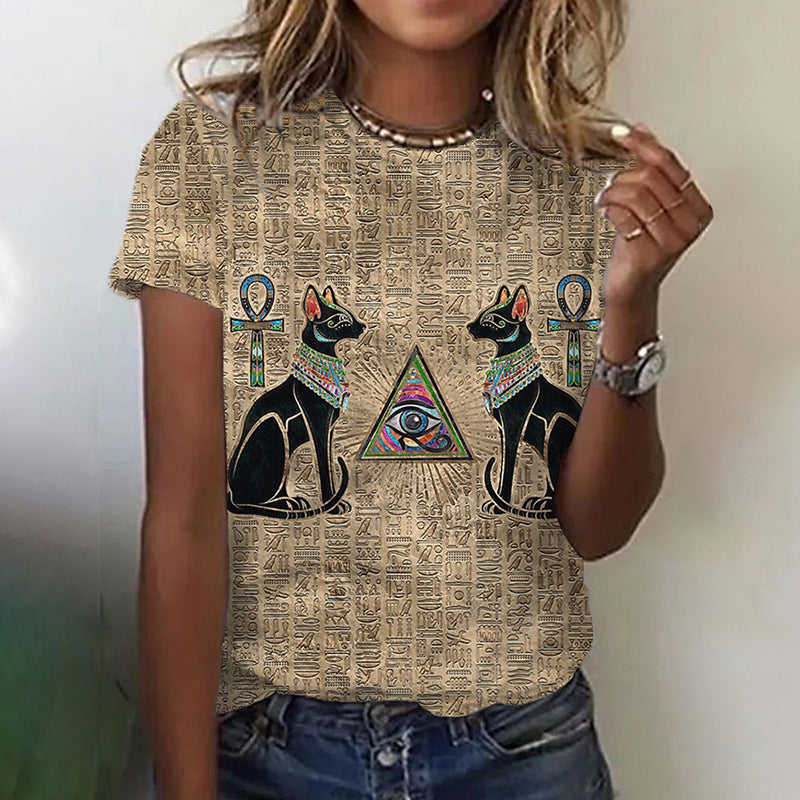 Comstylish Egyptian Cats And Ankh Cross Vintage Casual T Shirt