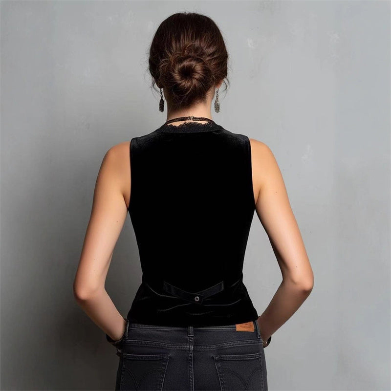 Comstylish Lace V-neck Black Velvet Sleeveless Vest