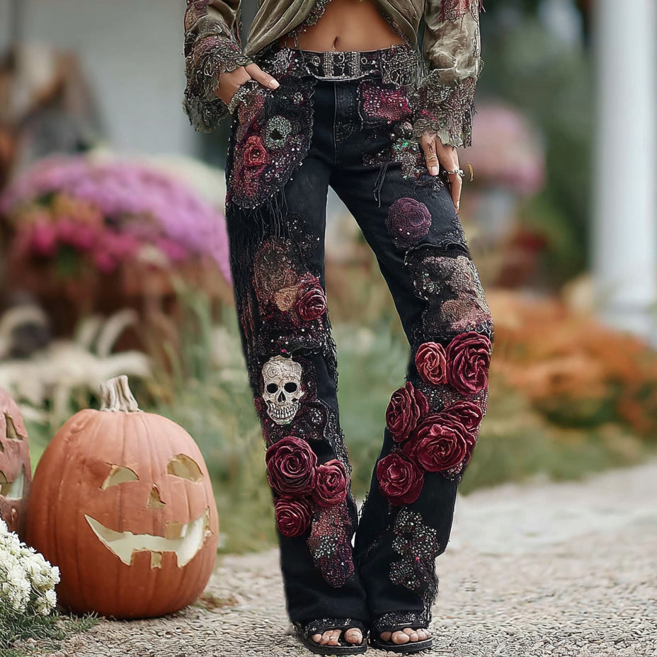 Rose Skull Embroidered Halloween Gothic Rock Jeans elevenforest