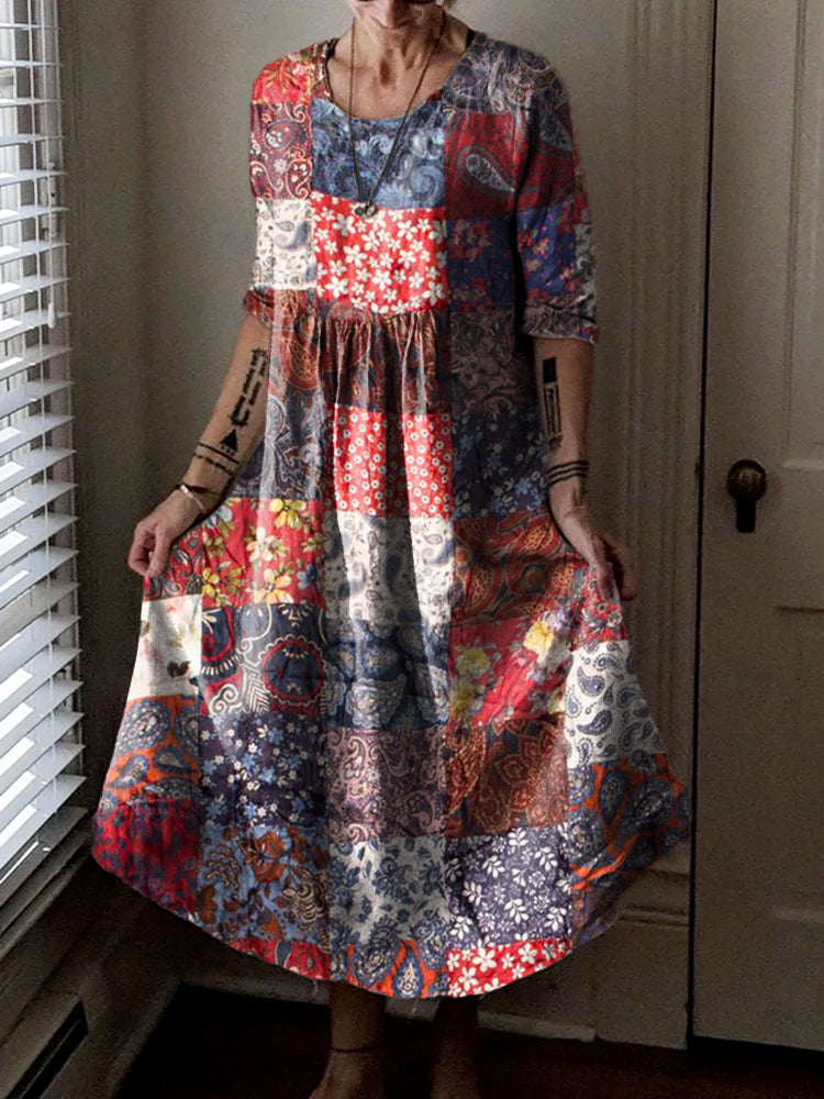 Women's Vintage Floral Patchwork Art Print Pocket Cotton Dress