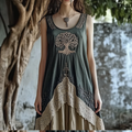 Viking Celtic Tree Of Life Lace Patchwork Linen Tank Midi Dress elevenforest